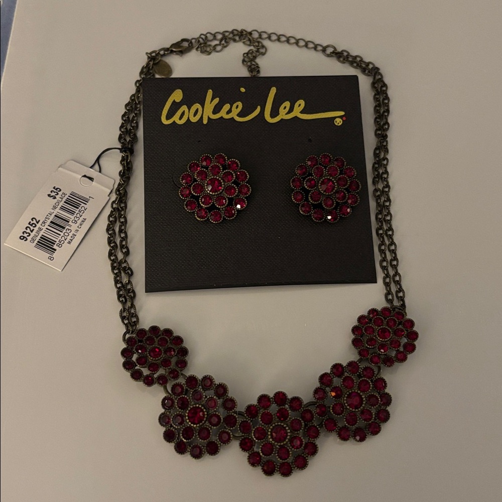 Retired Cookie Lee Red Crystal Floral Jewelry Set—NWT